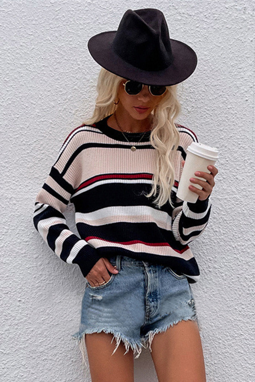 Knitted Crew Neck Striped Color Block Sweater