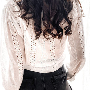 Lace Trim Hollow-out Button-up Long Sleeve Shirt
