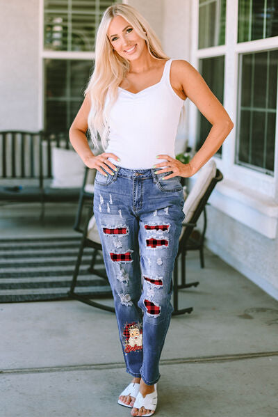 Plaid Distressed Jeans with Pockets