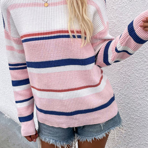 Knitted Crew Neck Striped Color Block Sweater