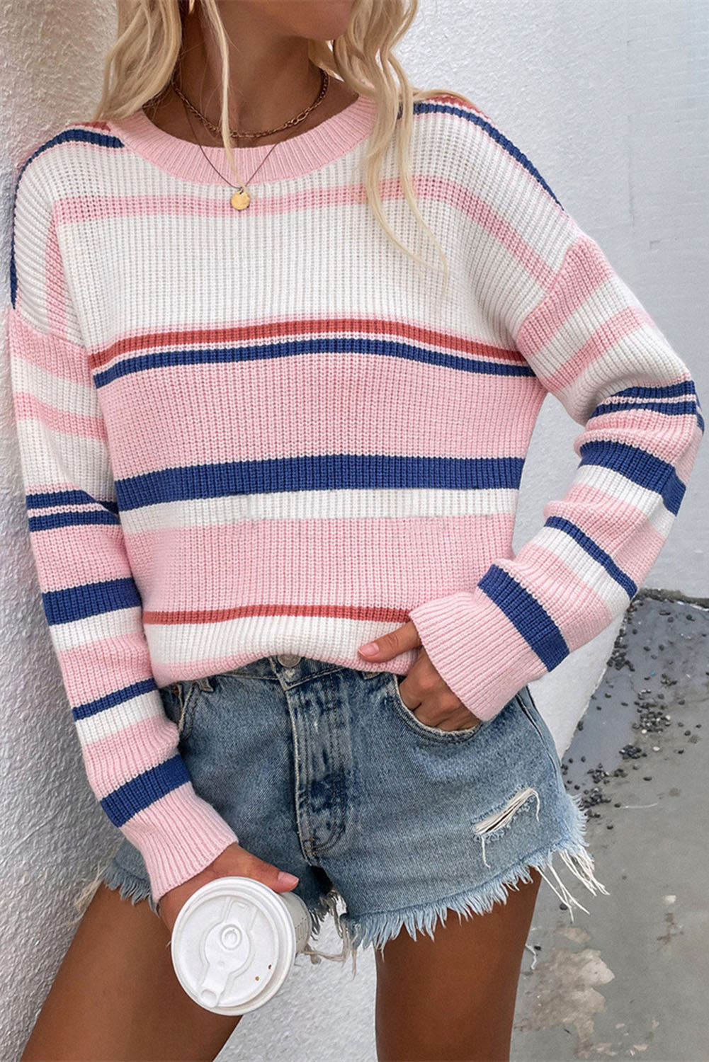 Knitted Crew Neck Striped Color Block Sweater