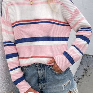 Knitted Crew Neck Striped Color Block Sweater
