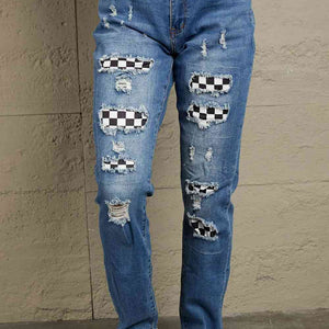Baeful Checkered Patchwork Mid Waist Distressed Jeans