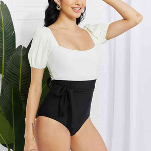 Marina West Swim Salty Air Puff Sleeve One-Piece in Cream/Black