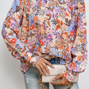 Multicolour Floral Print Sleeve Frilled Round Neck Blouse