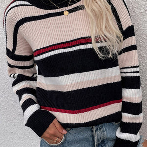 Knitted Crew Neck Striped Color Block Sweater