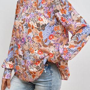 Multicolour Floral Print Sleeve Frilled Round Neck Blouse