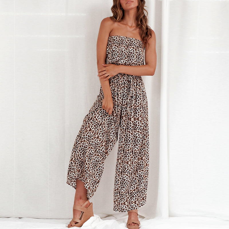 Simplee Off Shoulder Sexy Jumpsuit Women Elegant Sashes Jumpsuit Long Rompers Summer Solid Leopard Print Overalls Playsuit