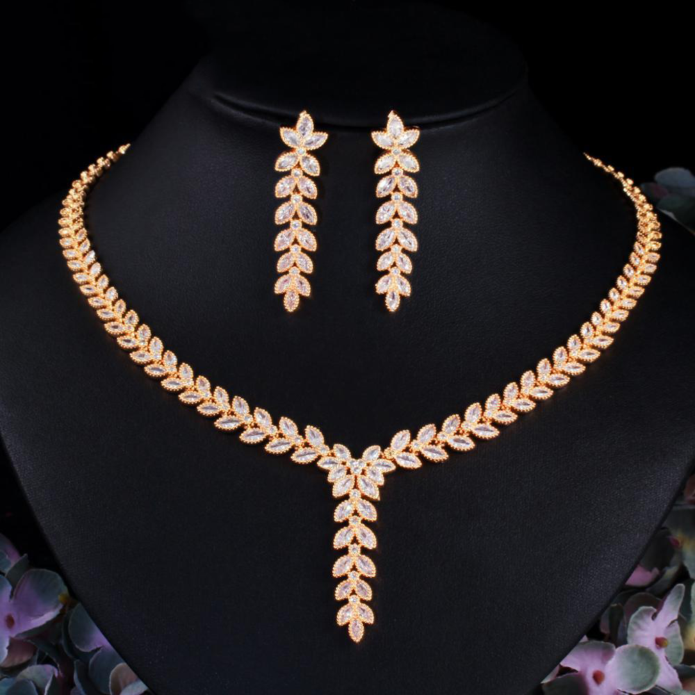 Leaf Shape Dangle Drop CZ Gold Color Jewelry Set