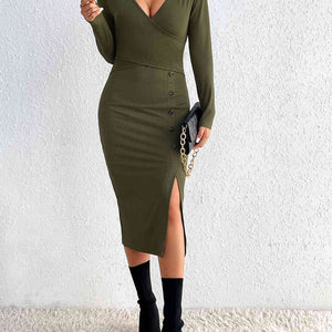 Buttoned Surplice Neck Slit Dress