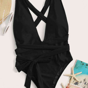 Halter Neck Deep V Tied One-Piece Swimsuit