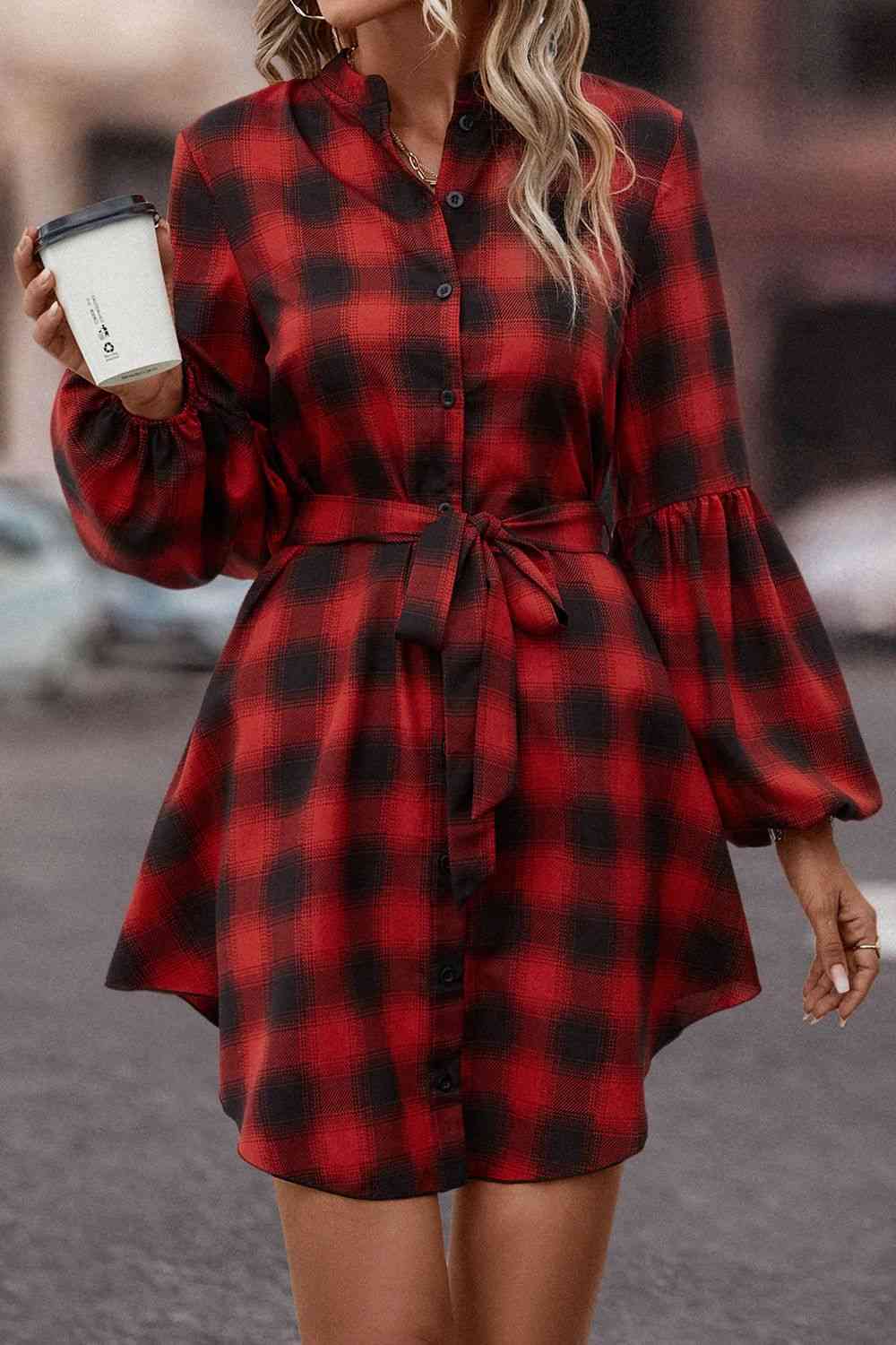 Plaid Tie Waist Balloon Sleeve Mini Dress