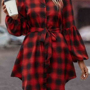 Plaid Tie Waist Balloon Sleeve Mini Dress