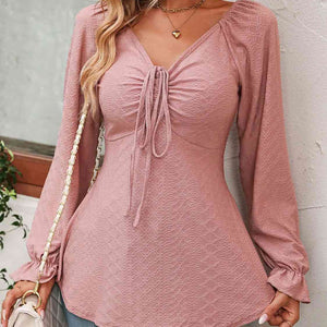 Tie Front V-Neck Puff Sleeve Blouse