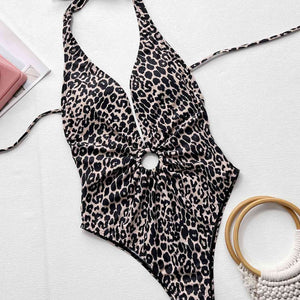 Leopard Halter Neck Ring Detail One-Piece Swimsuit