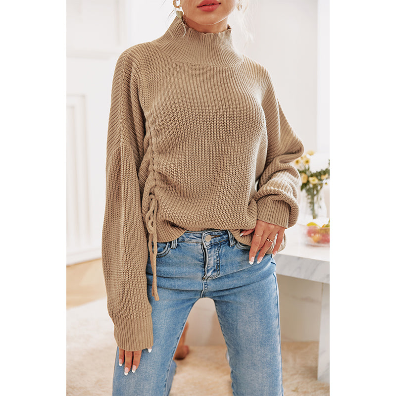 Office Turtleneck Women Knit Sweater Winter Casual Oversized Shirring Pullover Brown Elegant Long Sleeve Winter Jumper