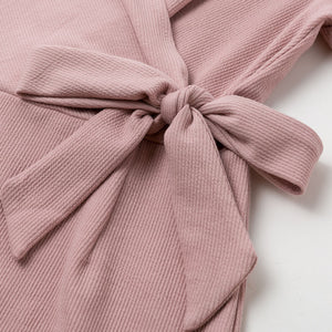 Simplee Sexy V-neck Knitted Dress Elegant High Waist Pink Bow Long Sleeve Dress Casual Office Ladies Autumn Winter Sweater Dress