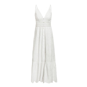 Simplee Embroidery White Sexy Women Summer Dress V Neck Spaghetti Strap Pearl Buttons Cotton Dresses Evening Party Long Vestidos Eyelet Embroidery