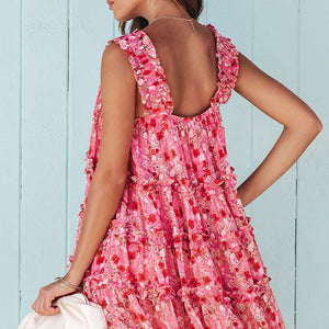 Red Tiered Ruffled Square Neck Sleeveless Floral Mini Dress