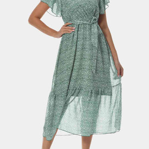 Surplice Neck Flutter Sleeve Tied Dress