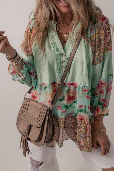 Floral Frill Trim Buttoned Notched Tiered Blouse