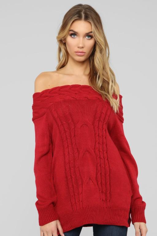 Glamaker Red Sweater Female Off Shoulder Knitted Sweater Winter Women Sweater Pullover Split Long Pull Femme Elegant Jumper