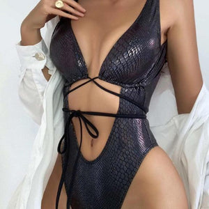Shiny snake print one-piece suit Deep v neck swimsuit women High cut swimwear Sexy string bathing suit Backless hollow monokini