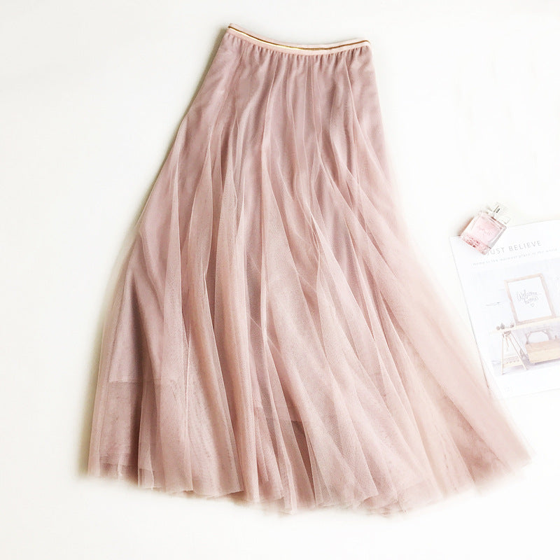 High Waist Slimming Expansion Skirt Long Skirt Mesh A- line Dress Korean Fashion Mid-Length Skirt New