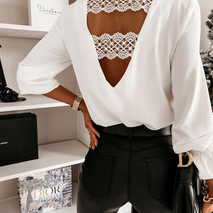 Elegant hollow out backless lace stitched chiffon blouses Casual long sleeves v-neck shirts Office lady solid women tops