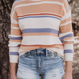 Knitted Crew Neck Striped Color Block Sweater