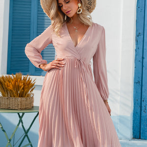 Elegant Pink High Waist pleated Dress Casual Holiday Spring Long-sleeved Women  Sexy Deep V-neck Vestidos