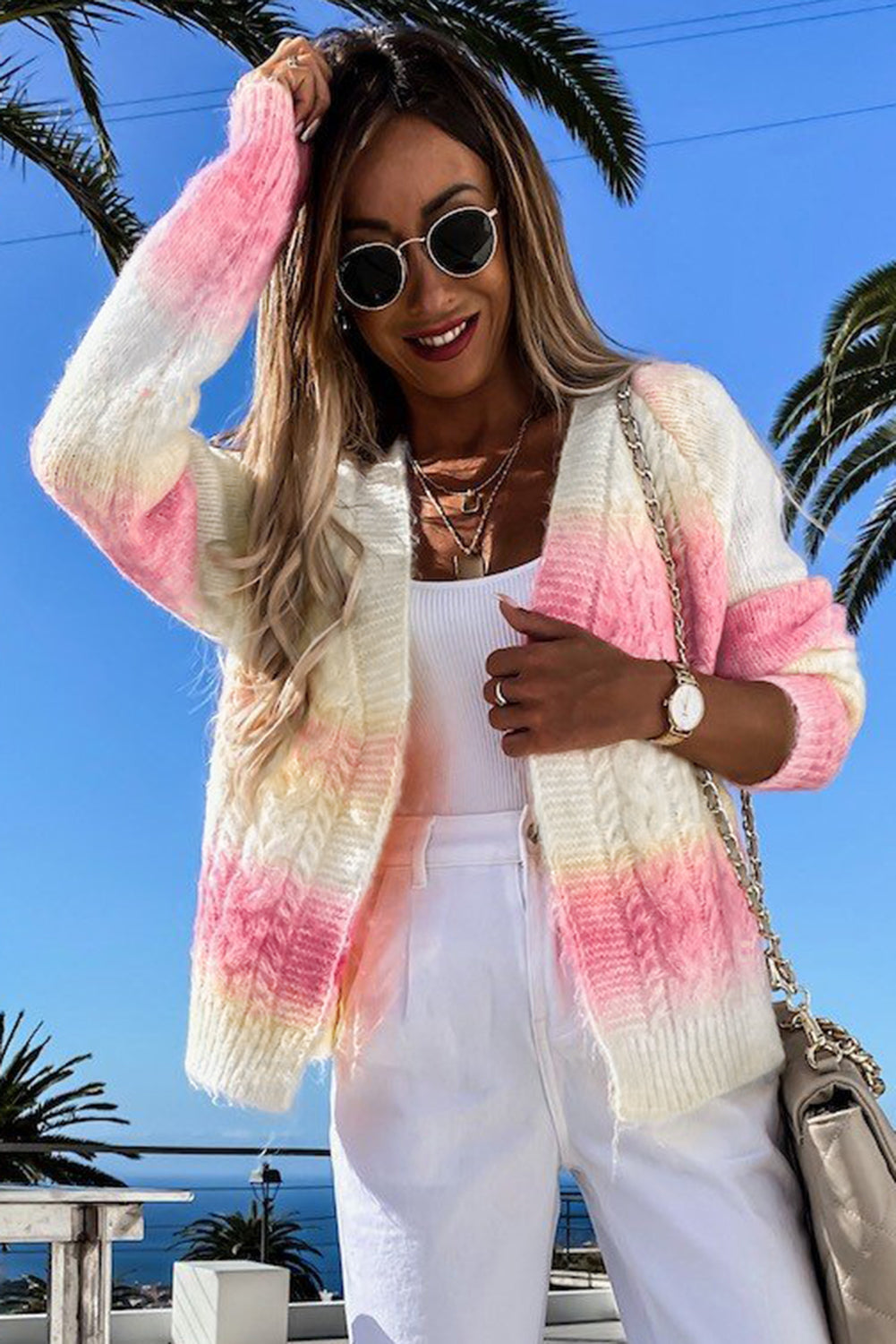 Gradient Open Front Colorblock Tie-dye Cardigan