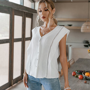 Cotton hollow out white blouse shirt Office lady sleeveless splicing blouse summer Elegant v-neck splicing women top