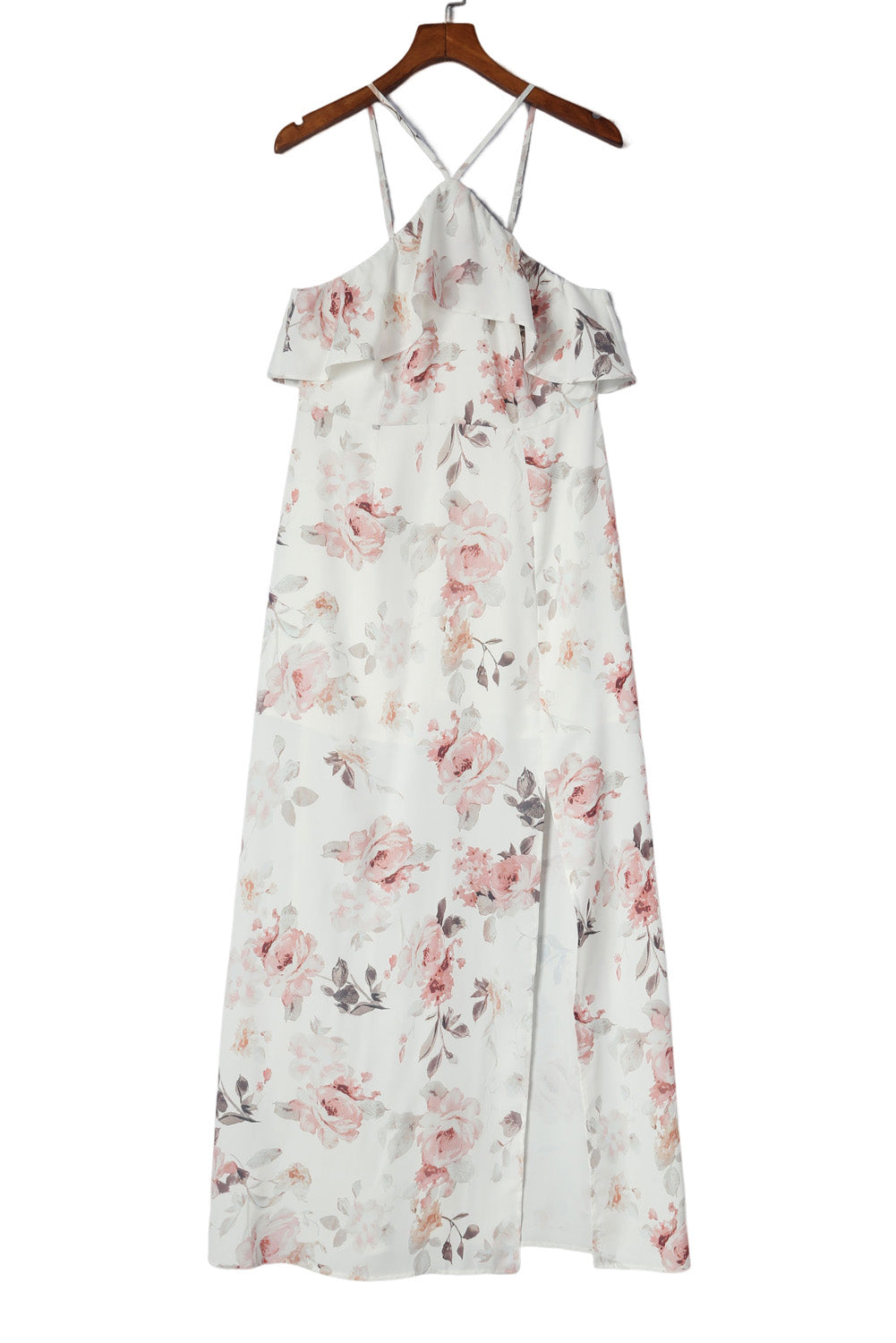 Floral Slit Ruffled Halterneck Maxi Dress