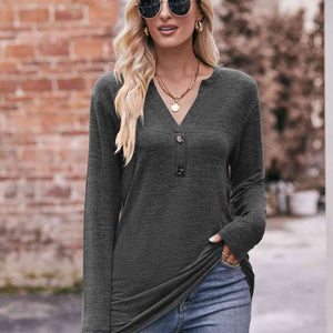 Double Take Buttoned Notched Neck Long Sleeve Top