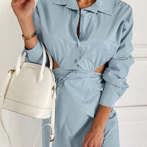 Vintage Hollow Out Lace Up Buttons Mini Dresses Women Office A-Line Long Sleeves Lapel Blue Dress Female Slim Vestidos