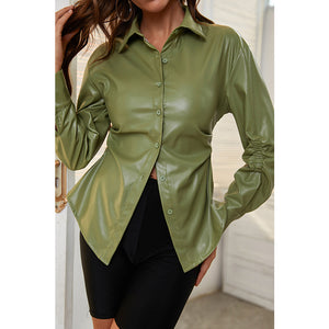 Autumn Skinny Pu Leather Blouse Women Solid Jacket Faus Leahter Coat Ruched Long Sleeve Lapel Thickness Shirt Female