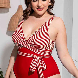 Plus Size Striped Tie-Waist One-Piece Swimsuit