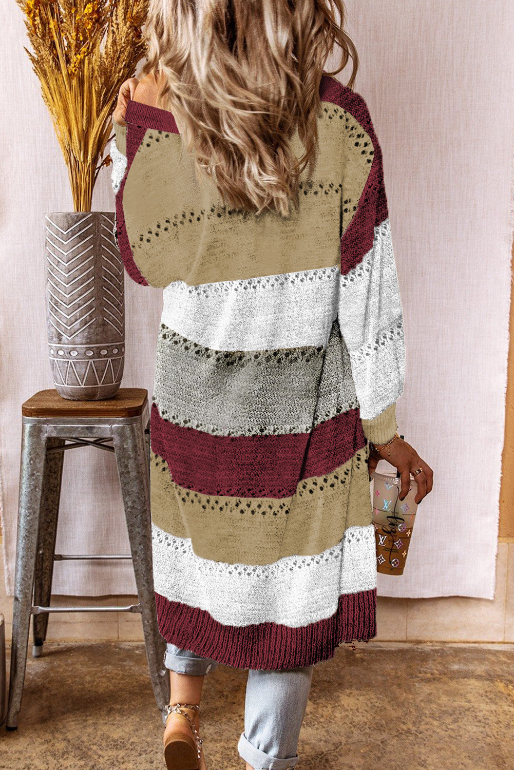 Multicolor Color Block Eyelet Knitted Lightweight Cardigan