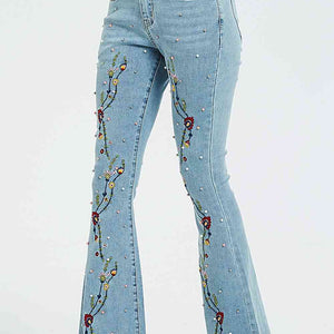 Full Size Flower Embroidery Wide Leg Jeans