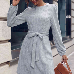 Tie Waist Puff Sleeve Round Neck Mini Dress