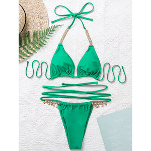 Halter Bikinis Triangle Trong Swimsuit Women Diamond Drawstring Swimwear Conjunto Biquinis Feminino Trajes De BañO Mujer Green