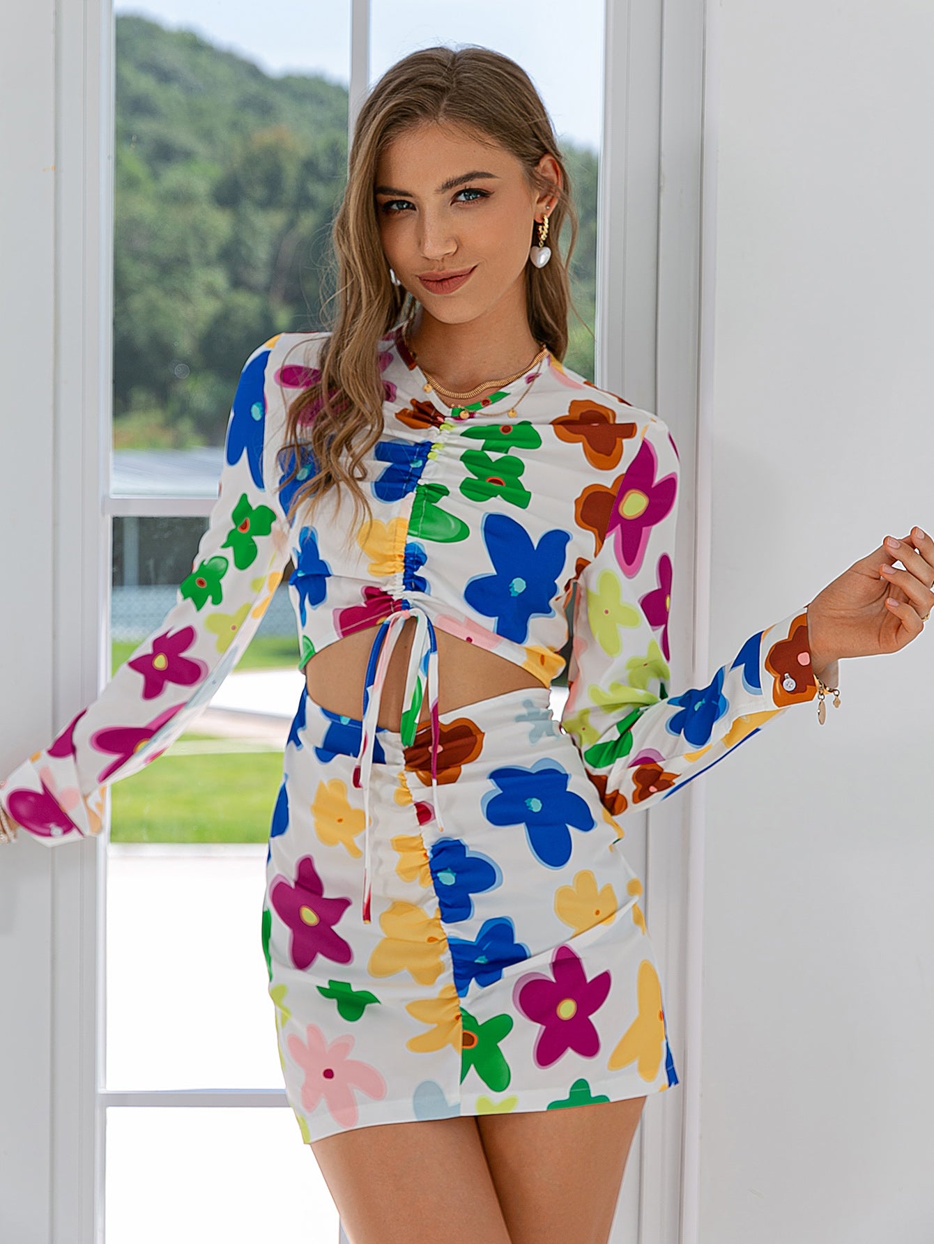 Sexy Hollow Out Floral Printed High Street Mini Dress Fold Drawstring   Global Fashions GC