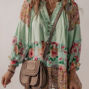 Floral Frill Trim Buttoned Notched Tiered Blouse