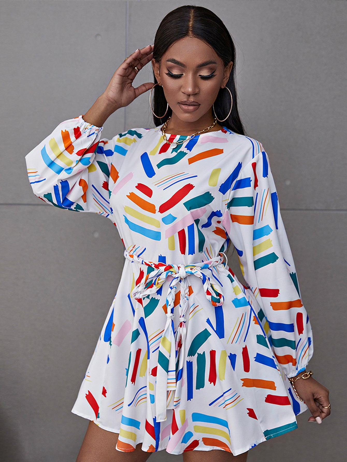 colorblock a line dress Color Block Printed Spring Autumn Mini A-Line Dresses Holiday Beach Lantern Sleeve Party Elegant Belt Fashion Vestidos L / Multi-1