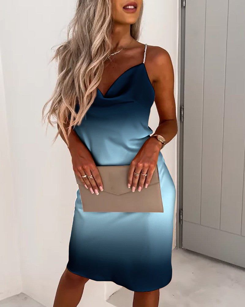 Ombre Cowl Neck Backless Satin Party Dress