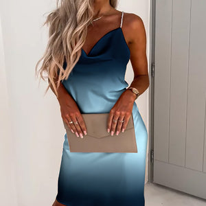 Ombre Cowl Neck Backless Satin Party Dress