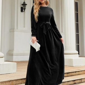 Tie Front Round Neck Long Sleeve Maxi Dress