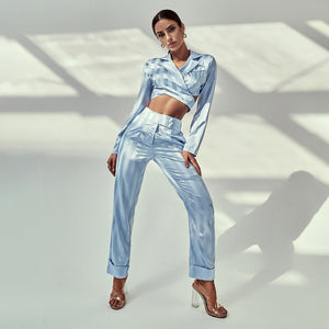 Elegant Long Sleeve Satin Silk Blazer Suits Women Fashion Bandage Jacquard Two Piece Sets High Waist Straight Pant Sets