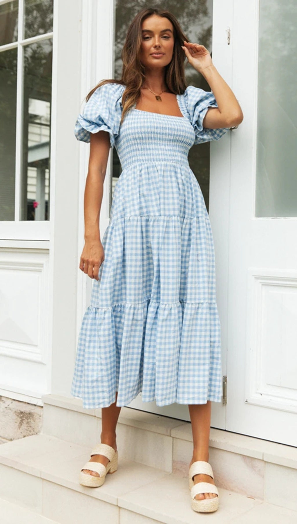 Spring and Summer Ladies Plaid Puff Sleeve Dress